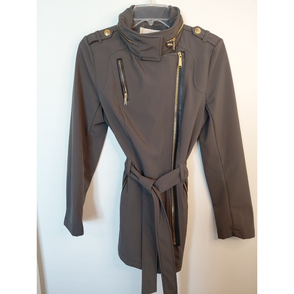 Michael Kors Women Gray Military Trench Coat XS Gold Accents Hidden Hood